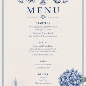 Clam Bake Menu Template, Coastal Lobster Dinner Menu, Blue Hydrangea Seafood Party Menu, Editable Canva Menu Card