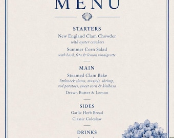 Clam Bake Menu Template, Coastal Lobster Dinner Menu, Blue Hydrangea Seafood Party Menu, Editable Canva Menu Card