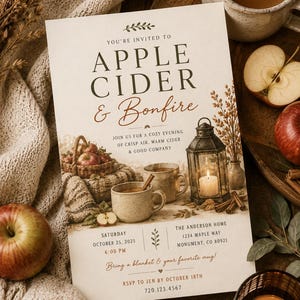 May include: A rectangular invitation card with cream-colored paper featuring the text APPLE CIDER & Bonfire. The design includes illustrations of a basket of apples, two mugs, a lit lantern, and event details for Saturday, October 25, 2025, at 6:00 PM.