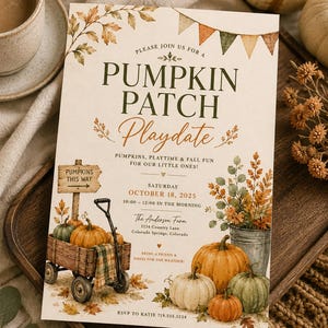 Pumpkin Patch Playdate Invitation Template, Editable Fall Kids Party Invite, Autumn Playdate Canva Invitation, Pumpkin Farm Gathering