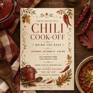 May include: A rectangular invitation card for a Chili Cook-Off event. The cream-colored paper features red text, illustrations of chili peppers, autumn leaves, and a cooking pot. It includes event details like the date, time, and location.