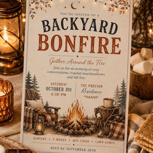 Backyard Bonfire & S’mores Invitation | Fall Party Invite Template | Editable Canva Download