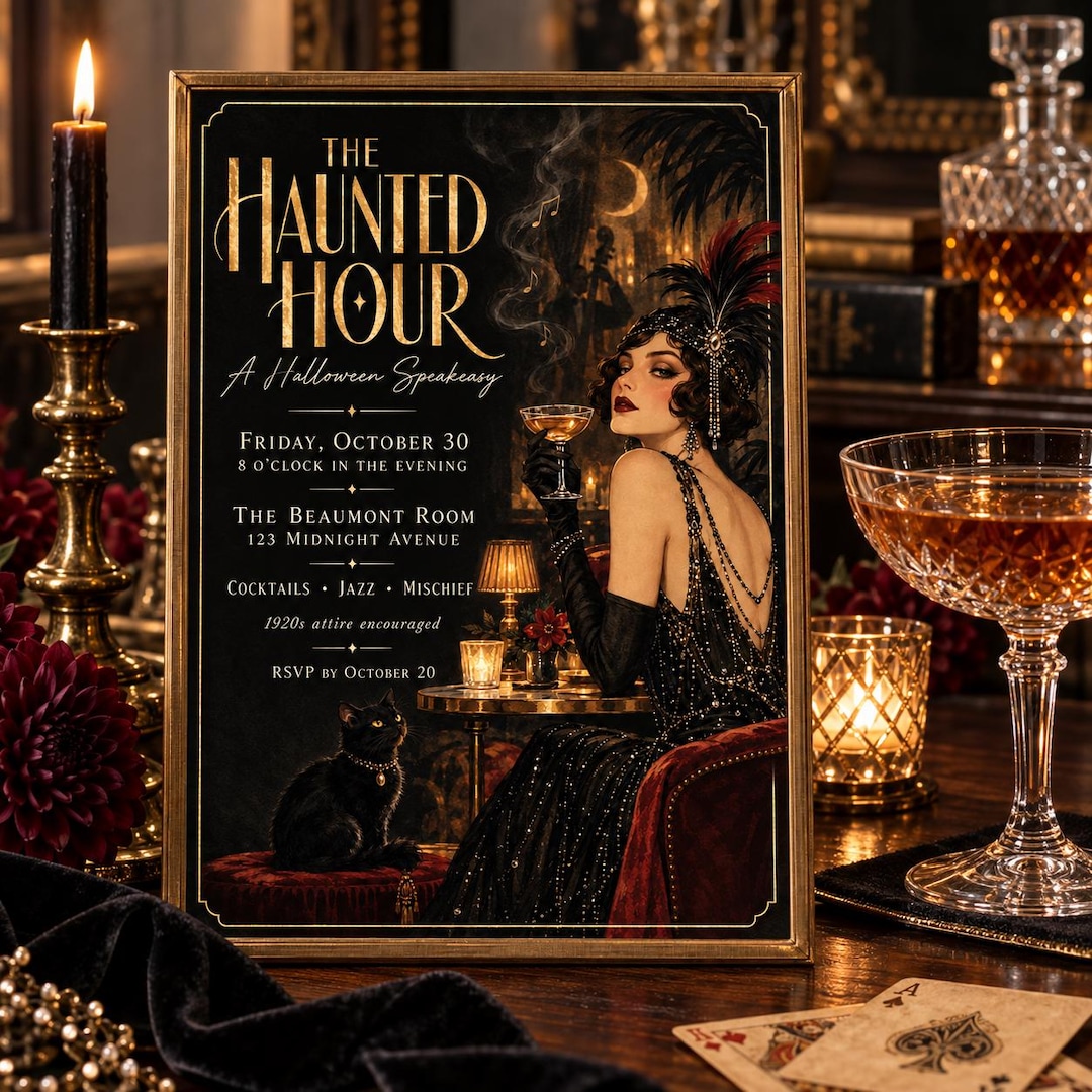 Halloween Speakeasy Invitation, 1920s Art Deco Party Invite, Editable ...