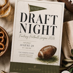 May include: A rectangular invitation card for a 2026 fantasy football draft night. The cream-colored card features black text, a green pennant, and a watercolor illustration of a football on grass. The bottom section is a dark green field graphic.