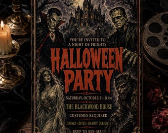 May include: A rectangular Halloween party invitation featuring a dark gothic castle, a vampire, Frankenstein's monster, a bride, and a werewolf. The text reads: YOU'RE INVITED TO A NIGHT OF FRIGHTS HALLOWEEN PARTY SATURDAY, OCTOBER 31 8 PM THE BLACKWOOD HOUSE.