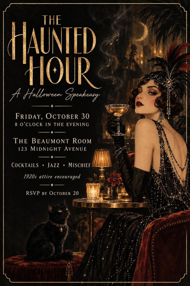 Halloween Speakeasy Invitation, 1920s Art Deco Party Invite, Editable ...
