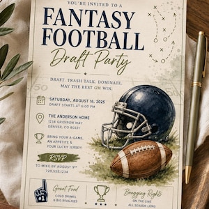 May include: A rectangular invitation card for a Fantasy Football Draft Party featuring a dark blue football helmet and a brown football illustration. The text includes event details, date, time, location, and RSVP information in dark blue and black.