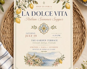 La Dolce Vita Italian Summer Supper Invitation | Watercolor Lemon Dinner Party Invite | Editable Canva Template | Digital Download