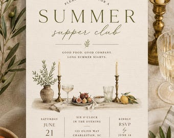 Summer Supper Club Invitation | Editable Canva Dinner Party Invite | Coastal Organic Summer Gathering Template