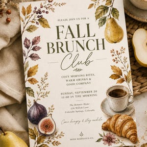 Modèle d'invitation pour un brunch d'automne, invitation modifiable pour un brunch d'automne, invitation pour un club de brunch d'automne, invitation aquarelle poire et figue (Canva)