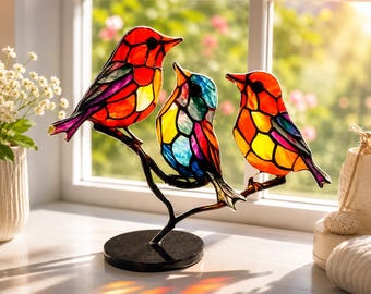 Colorful 3 Bird Ornament Acrylic Bird Sculpture Stained Glass Style Bird Decor Desktop Branch Statue Home Decoration Birdwatcher Gift