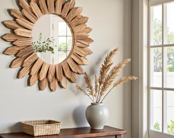 Rustic Sunflower Wall Mirror, Wooden Decorative Mirror, Farmhouse Wall Decor, Boho Living Room Mirror, Bedroom Accent Mirror, Housewarming