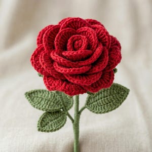 Può includere: Una rosa all'uncinetto fatta a mano caratterizzata da un fiore rosso vibrante con petali stratificati e testurizzati. Il gambo è verde e include tre foglie verdi distinte attaccate ai lati, realizzate con un dettagliato motivo a maglia.