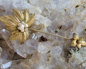 Unsigned Miriam Haskell Leaf Stickpin with Decorative Floral Stop, Gilt Finish, Wired Faux Pearls, No Marks, Classic Haskell Design Elements