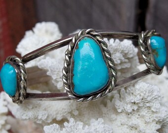 Silver Turquoise Cuff Bracelet, Twin Rail Cuff, 3 Sky Blue Polished Nuggets, Wire Twist Borders, Signed, 6 3/4" with Gap, 1" Wide, Signed