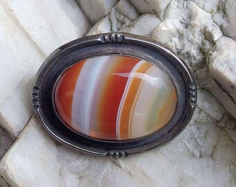 Southwest Sterling Banded Agate Brooch/Pendant, Oval Bezel Set Stone, 10g