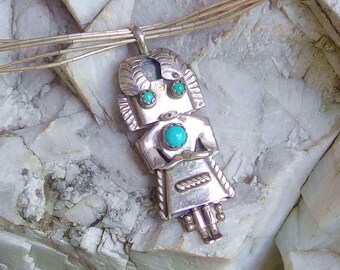 M. Ortiz Navajo Sterling Turquoise Kachina or Yei Pendant, 20" 5 Strand Chain
