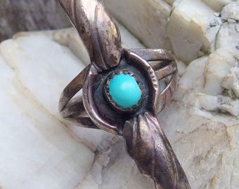 Navajo Silver Turquoise Twin Feather Ring, Joe T Lowe, Size 7 1/2, 6g