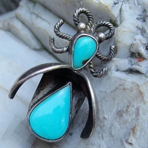 Spilla a forma di insetto in argento turchese Navajo, dettaglio stampato, filo ritorto, 4 g
