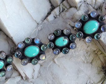 925 Turquoise Labradorite Cabochon Bracelet, 9 Piece Hinged Floral, 35g