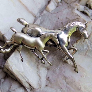 Beau Sterling Running Horse & Foal Brooch, Signed, 3g