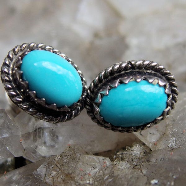 Brincos de Turquesa Azul-Céu Vintage 925, 5 x 7 mm, Oval Cabs, 1,4 g