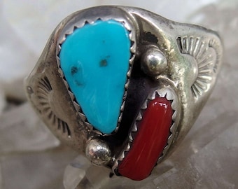 Sterling Silver Turquoise Coral Ring, Stamped Motifs, Size 12 1/2, Signed ML, 6g