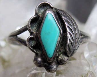 Navajo Silver Turquoise Ring, Split Shank with Diamond Shaped Blue Stone, Asymmetrical Design with Applied Feather, Silver Beads, Size 8 1/4