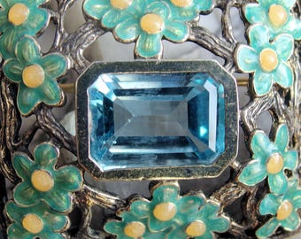 925 Blue Topaz, Enamel Floral Brooch, Emerald Cut Stone, Signed, 12g