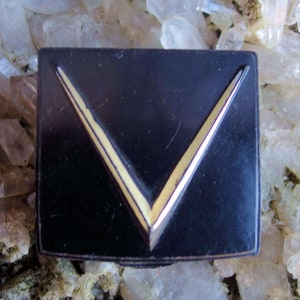 Black Celluloid & Velvet Ring Presentation Box, Gold &#39;V&#39; on Top, Nice