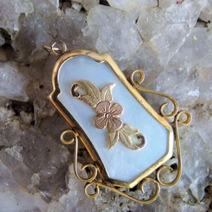 12k Gold Fill Pendant with Mother of Pearl, Applied Chased Flower at Center, Signed