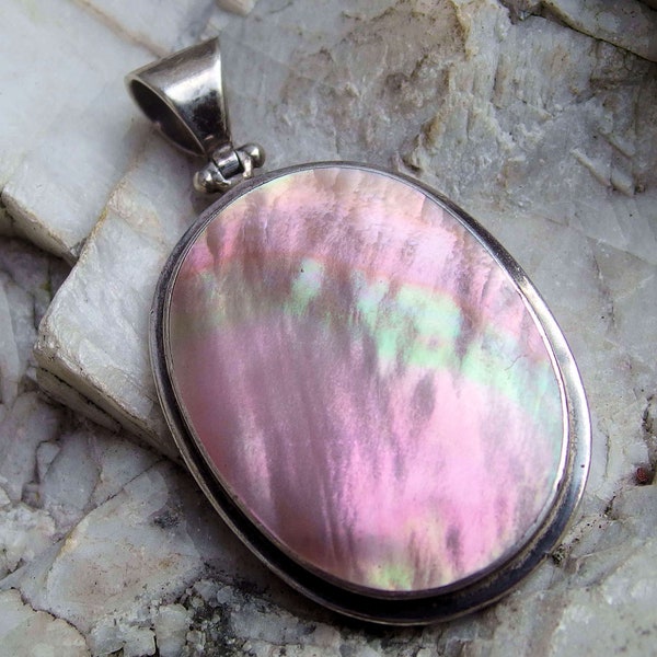 925 Oval Abalone Pendant, Goes from Subdued to Vivid Colors, Signed, Hinged Bail