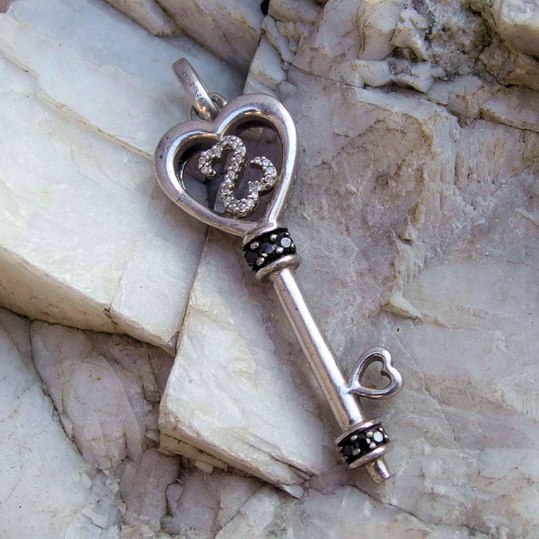 925 Sterling Silver Key Pendant, Heart Shaped Key, Diamond Accents, Signed, 5.2g