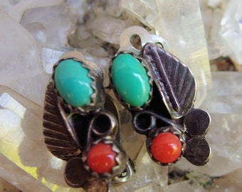 Southwest Silver Turquoise Coral Clip On Earrings