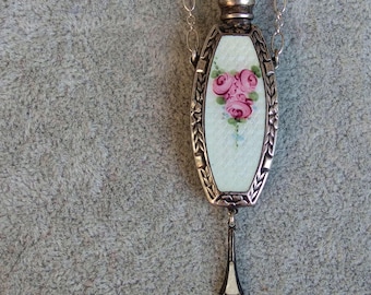 Sterling Guilloche Enamel Perfume Flask Necklace, Pink Roses, 24" Chain, 12g