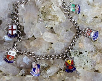 REDUCED Vintage England Travel Charm Bracelet, Heavy Curb Chain, 8&quot; L