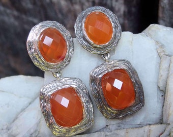 925 Two Piece Carnelian Faceted Earrings, Oval Stud Tops, Rectangular Dangles