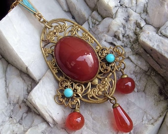 Elegant Tsjechisch messing, glazen ketting, filigraan, emaille kettingdetail, ondertekend