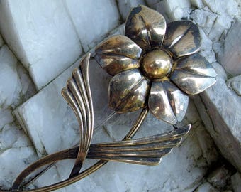 1930s Vintage Symmetalic Flower Brooch, Sterling Silver with 14k Gold Accents on Stem, Center, 3" by 1 1/4", Signed and Lovely Accessory
