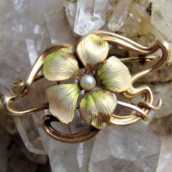 Art Nouveau 10k Gold Enamel Flower Brooch/Watch Pin or Charm Holder, Pearl at Center, Shepherd's Hook, Clasp Signed '10k', Small Enamel Loss