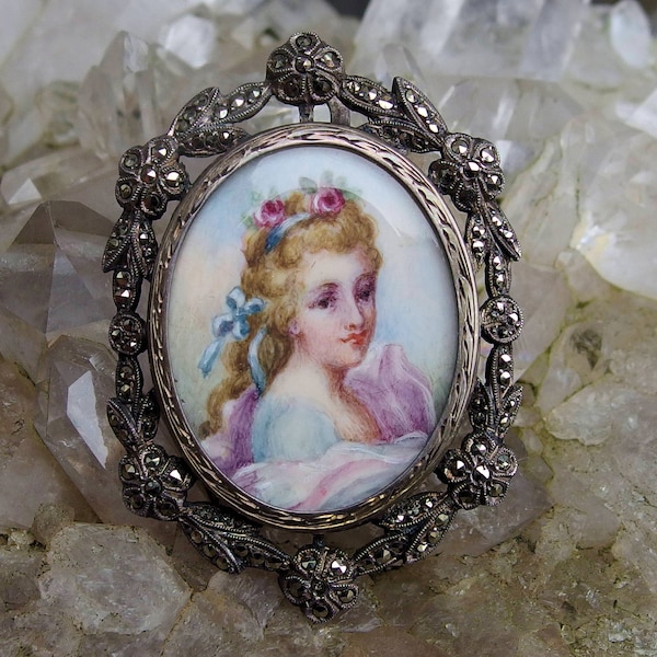 Georgian Era Hand Painted Miniature Portrait Brooch, Silver Frame with Marcasite Floral Border, Etched Floral Pattern on Back, Tube Clasp