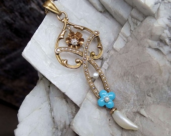 Art Nouveau 10k Gold Diamond Pearl Lavalier, Enamel Forget Me Not, Pearl Drop, 18" Chain