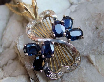 14k Gold Diamond Sapphire Pendant, Prong Set Natural Stones, Open Hearts, 3.7 g