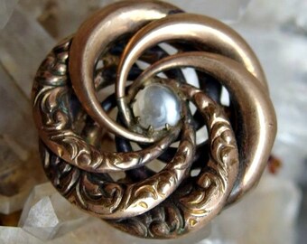 Victorian Gold Filled Lover's Knot Brooch or Pin with Embossed and Smooth Interlocking Crescents, Moonstone Cabochon at Center, Unsigned