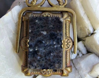 Victorian Gilt Finish Spinner Fob or Pendant, Faux Sardonyx Cameo on One Side, Polished Black Granite on Reverse, Unusual, Pretty, Unsigned