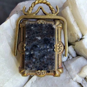 Victorian Gilt Finish Spinner Fob or Pendant, Faux Sardonyx Cameo on One Side, Polished Black Granite on Reverse, Unusual, Pretty, Unsigned