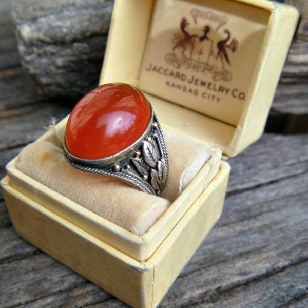 SOLD to GS. Stunning Edwardian Carnelian, Sterling and Gold Ring with Applied Leaf Decoration, Unsigned, With Original Box