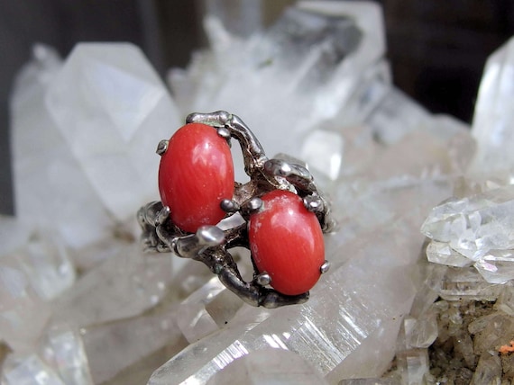 Coral Sterling Ring, 2 Oval Cabochons, Silver Bra… - image 1