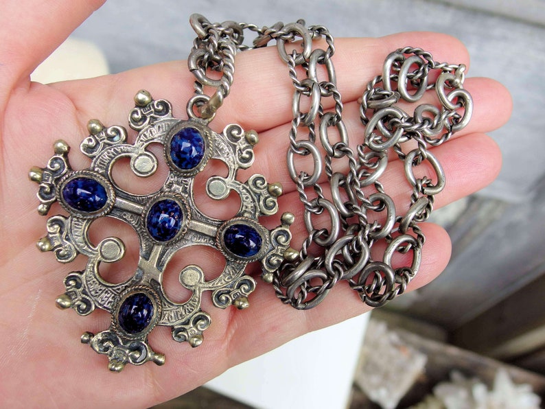 5 Faux Lapis Cabochons Coppini Style Cross Pendant 19 Ornate Chain