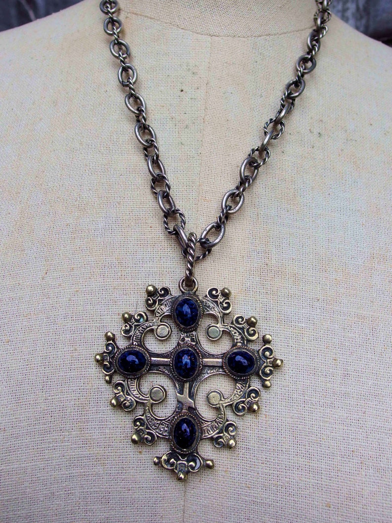 5 Faux Lapis Cabochons Coppini Style Cross Pendant 19 Ornate Chain